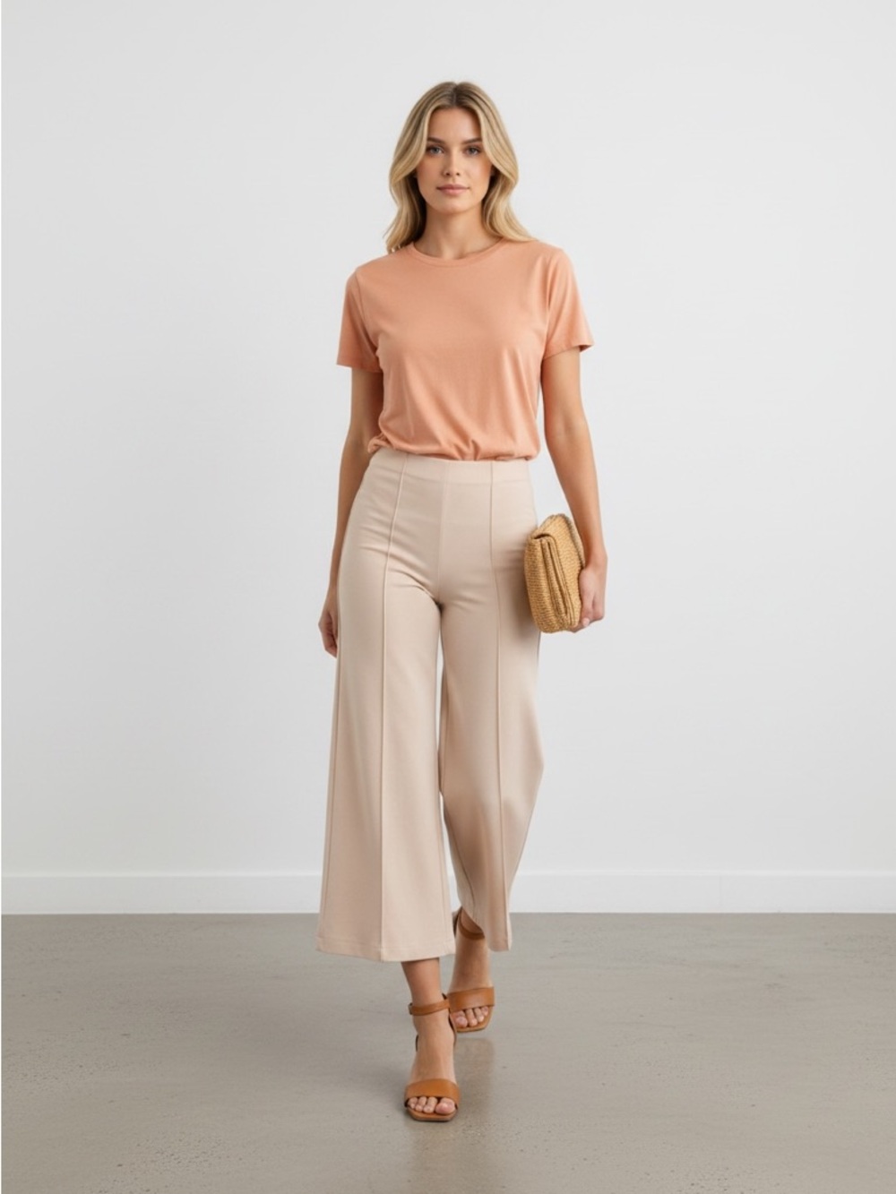 934 • Oat Milk Rayon Blend Heavy Ponte High Waist Petite Inseam Wide Leg Pants
